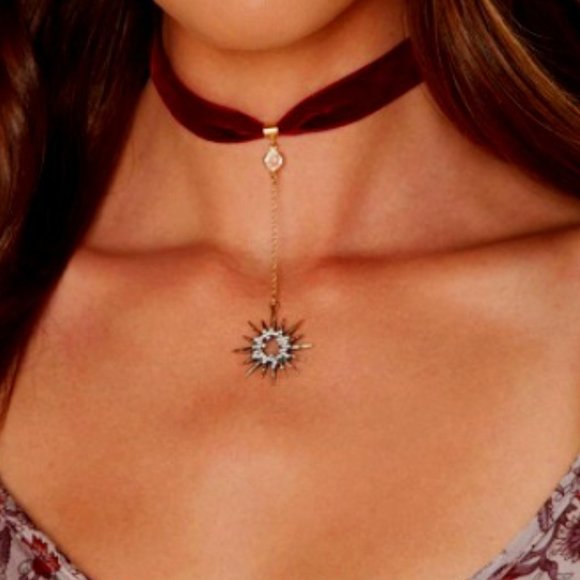 LiveChicStyle Jewelry - Burgundy Velvet Choker Necklace with Star